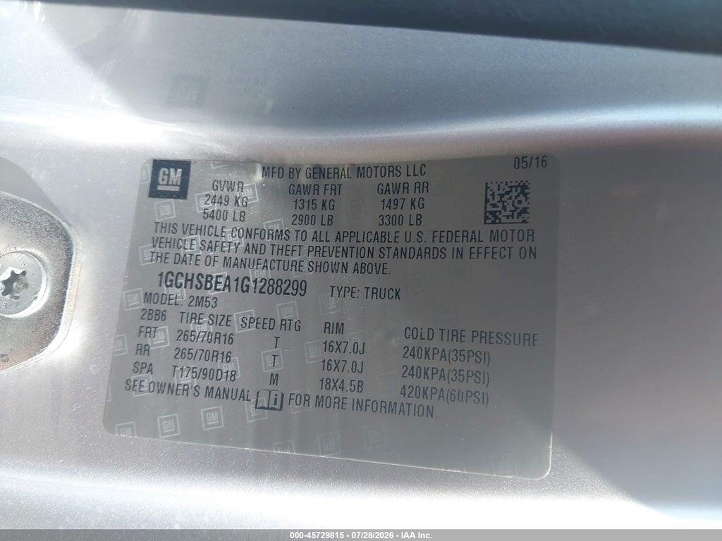 1GCHSBEA1G1288299 2016 CHEVROLET COLORADO photo no. 9