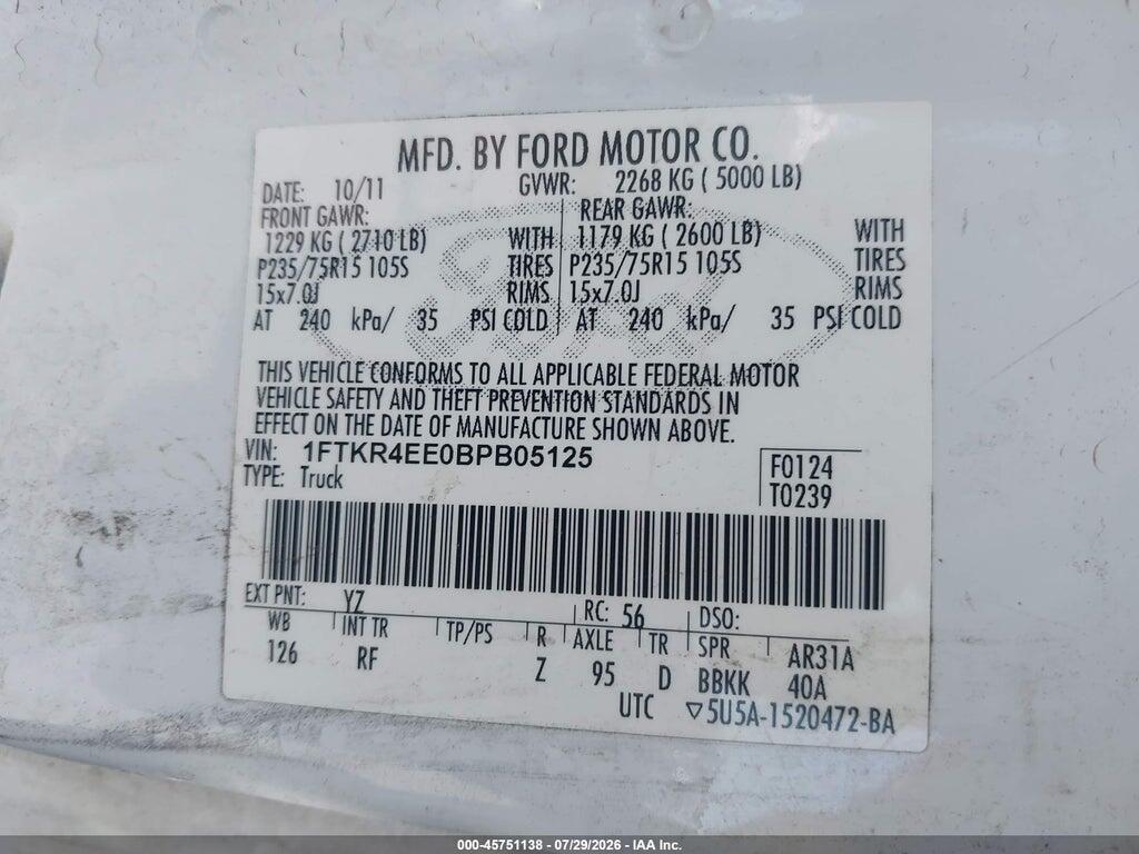 1FTKR4EE0BPB05125 2011 FORD RANGER photo no. 9