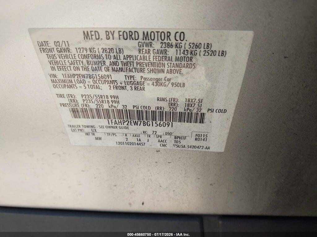 1FAHP2EW7BG156091 2011 FORD TAURUS photo no. 9