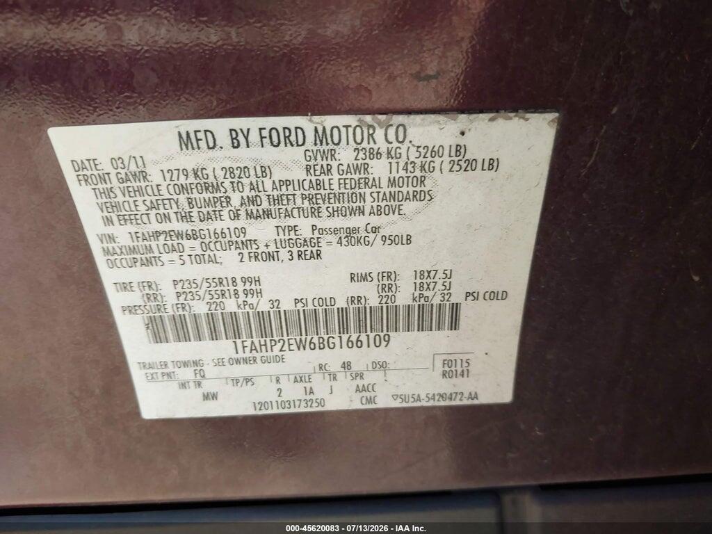 1FAHP2EW6BG166109 2011 FORD TAURUS photo no. 9
