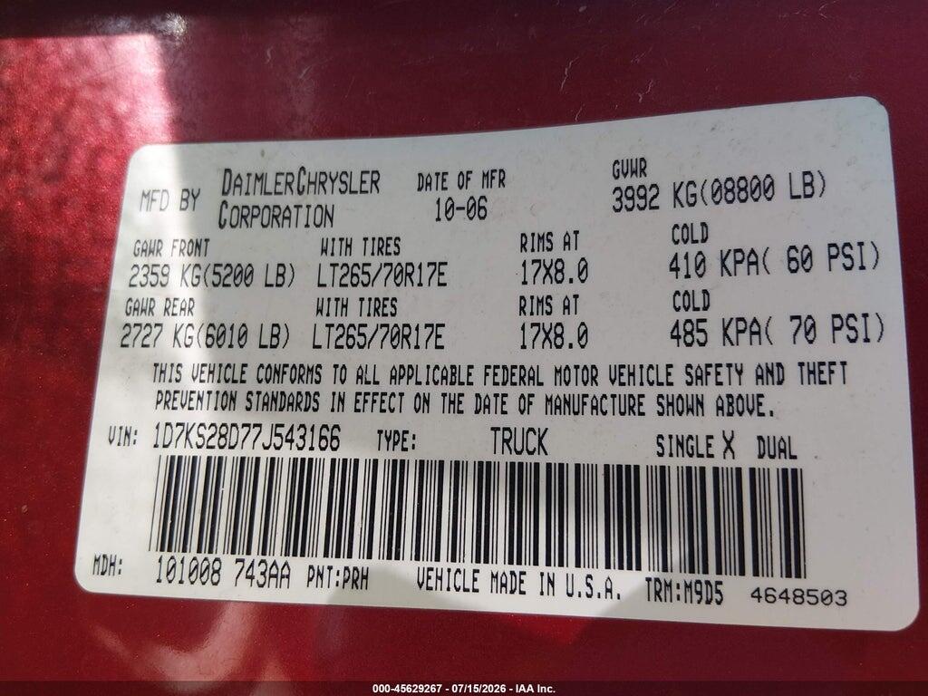 1D7KS28D77J543166 2007 DODGE RAM 2500 photo no. 9
