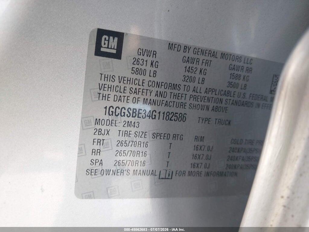 1GCGSBE34G1182586 2016 CHEVROLET COLORADO photo no. 9