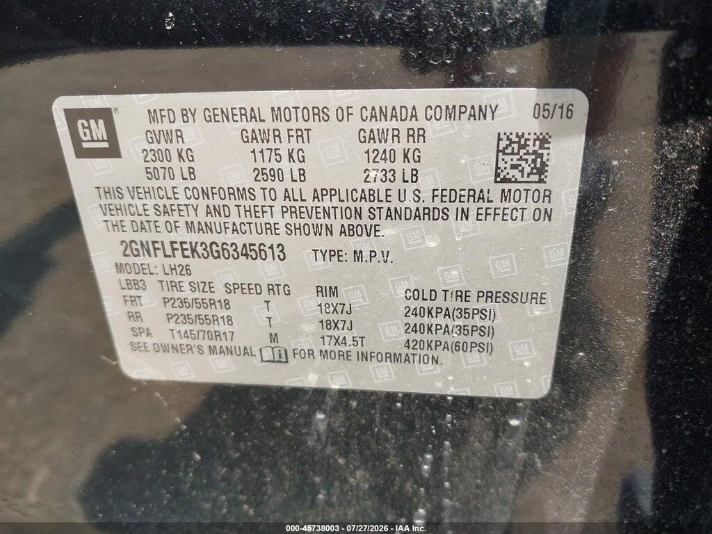 2GNFLFEK3G6345613 2016 CHEVROLET EQUINOX photo no. 9