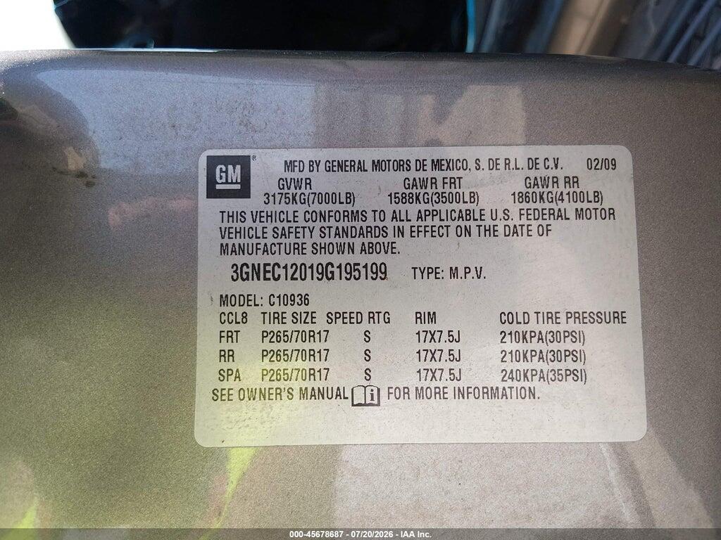 3GNEC12019G195199 2009 CHEVROLET AVALANCHE 1500 photo no. 9