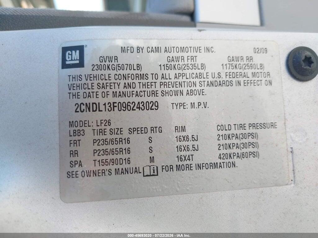 2CNDL13F096243029 2009 CHEVROLET EQUINOX photo no. 9