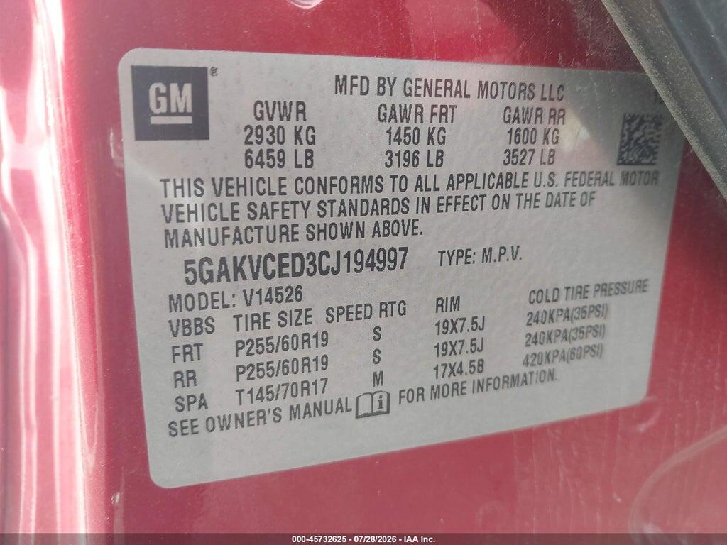 5GAKVCED3CJ194997 2012 BUICK ENCLAVE photo no. 9