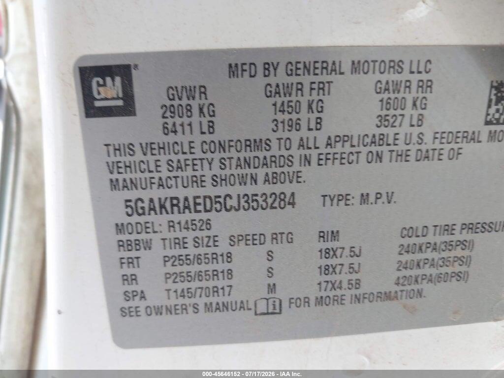 5GAKRAED5CJ353284 2012 BUICK ENCLAVE photo no. 9