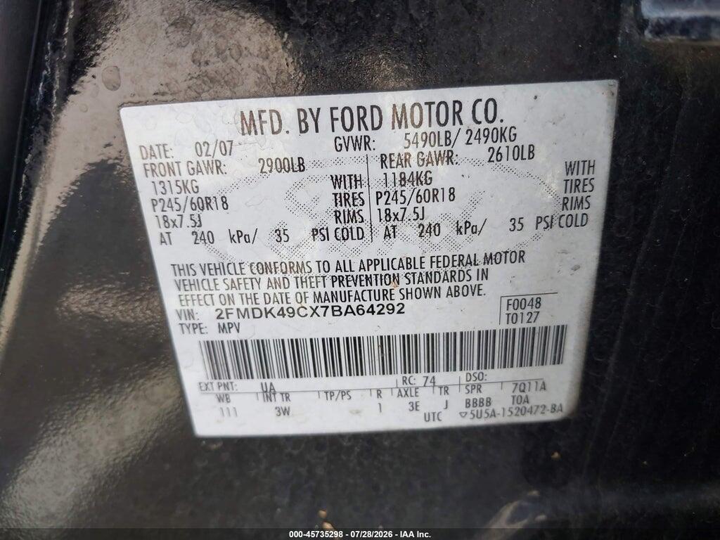 2FMDK49CX7BA64292 2007 FORD EDGE photo no. 9