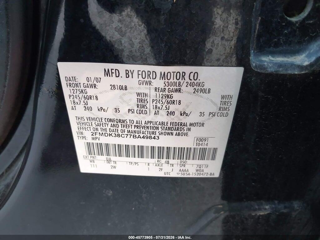 2FMDK38C77BA49843 2007 FORD EDGE photo no. 9