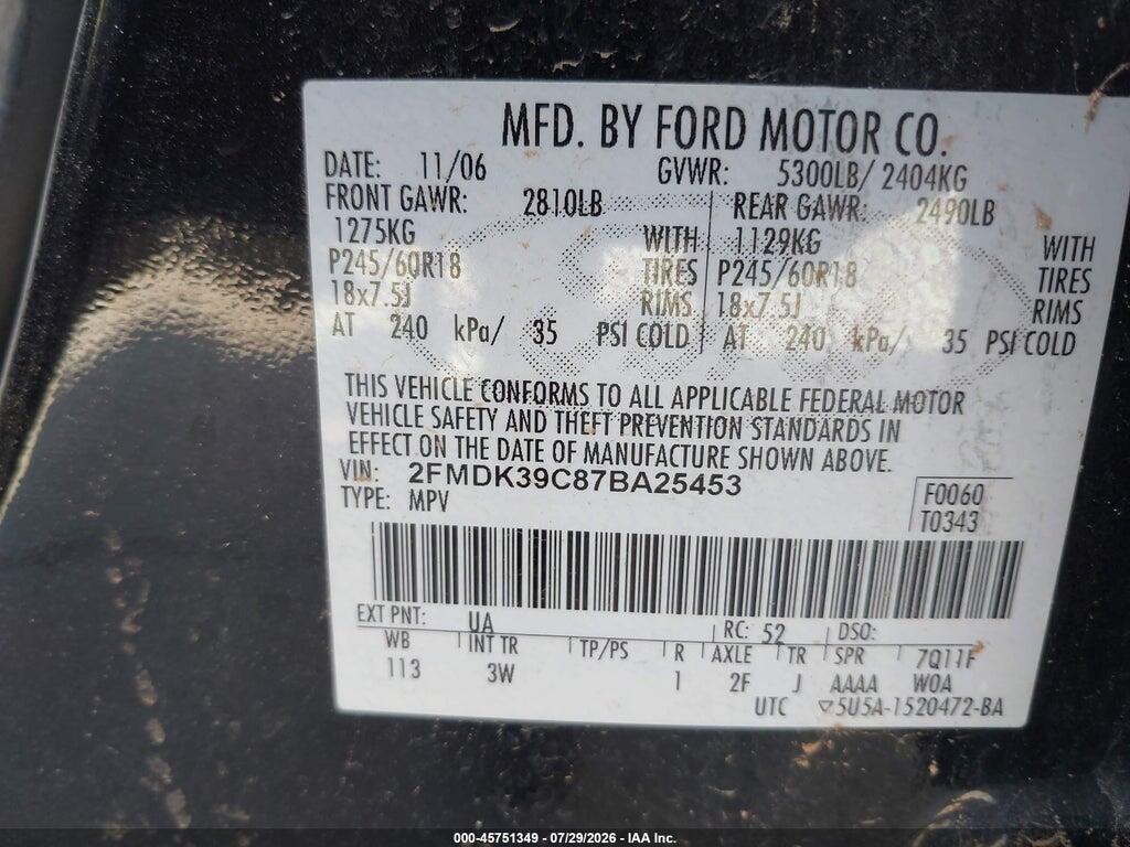 2FMDK39C87BA25453 2007 FORD EDGE photo no. 9