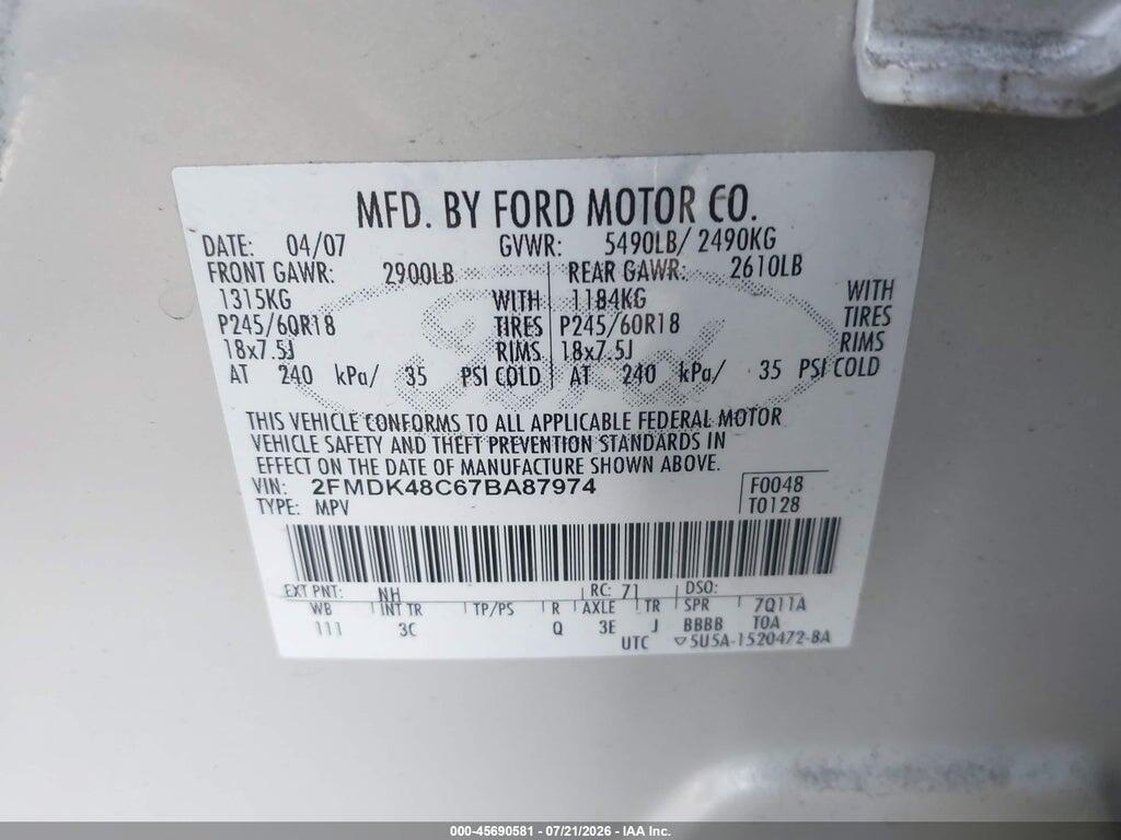 2FMDK48C67BA87974 2007 FORD EDGE photo no. 9