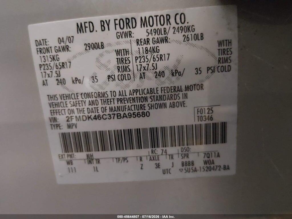 2FMDK46C37BA95680 2007 FORD EDGE photo no. 9