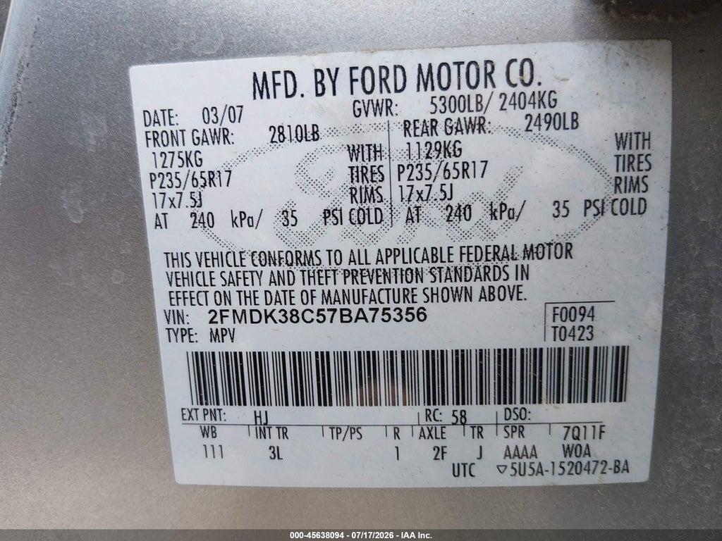 2FMDK38C57BA75356 2007 FORD EDGE photo no. 9