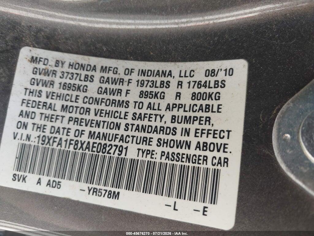 19XFA1F8XAE082791 2010 HONDA CIVIC photo no. 9
