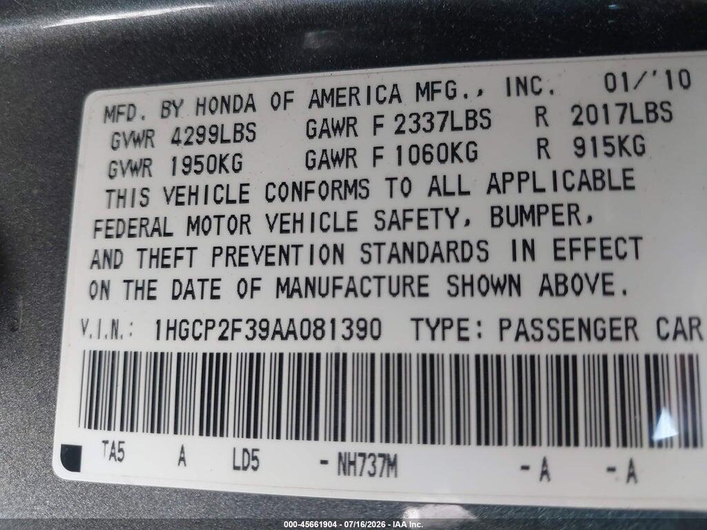 1HGCP2F39AA081390 2010 HONDA ACCORD photo no. 9