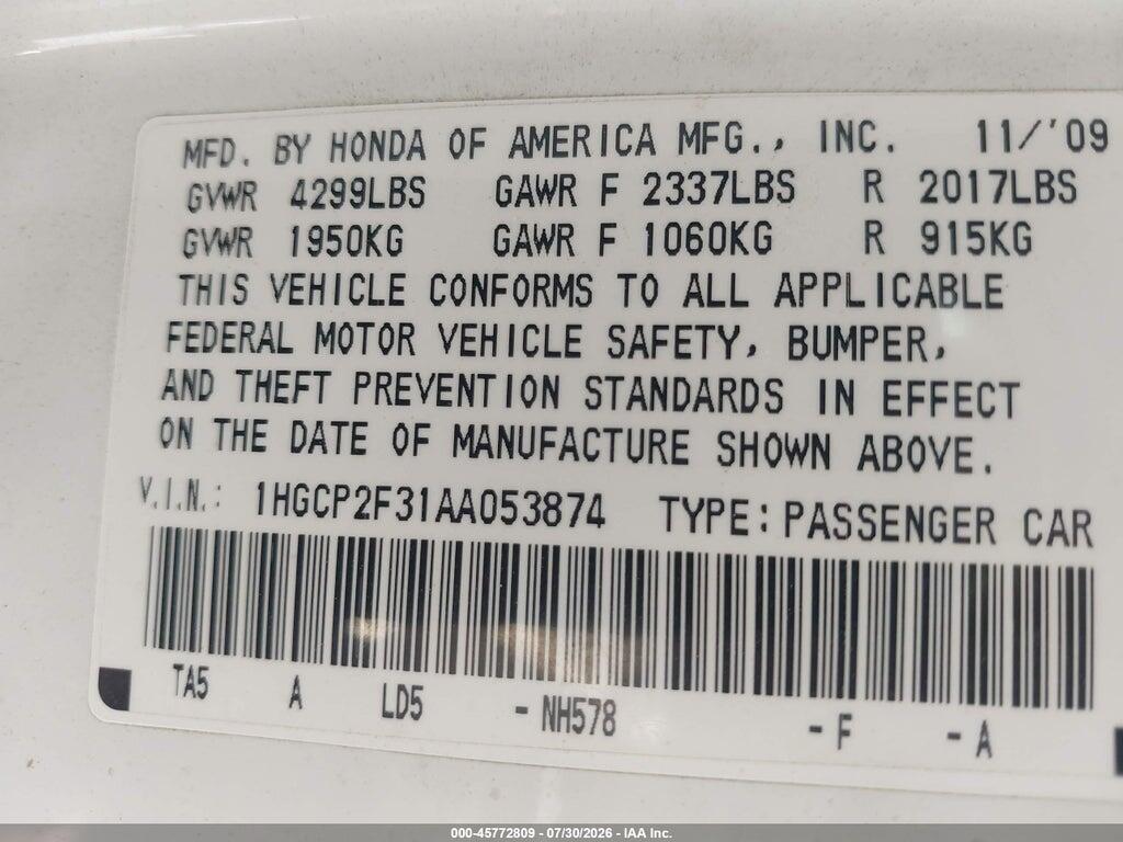 1HGCP2F31AA053874 2010 HONDA ACCORD photo no. 9