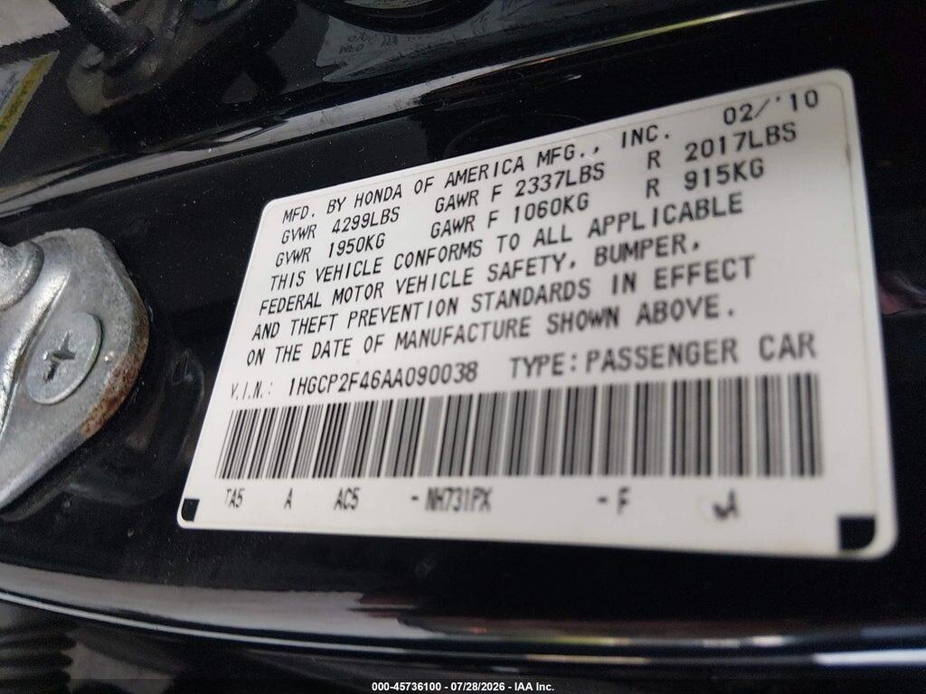1HGCP2F46AA090038 2010 HONDA ACCORD photo no. 9
