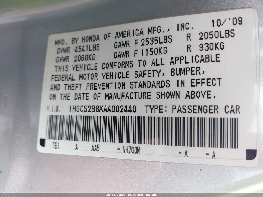 1HGCS2B8XAA002440 2010 HONDA ACCORD photo no. 9