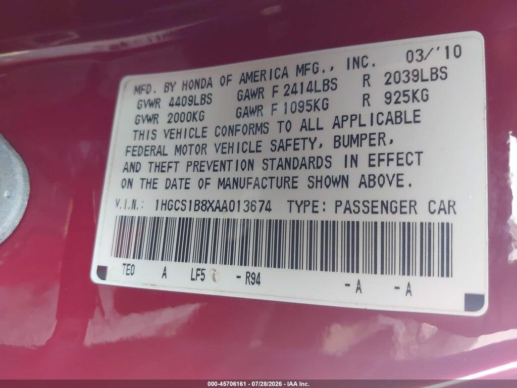 1HGCS1B8XAA013674 2010 HONDA ACCORD photo no. 9