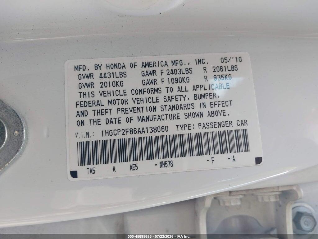 1HGCP2F86AA138060 2010 HONDA ACCORD photo no. 9