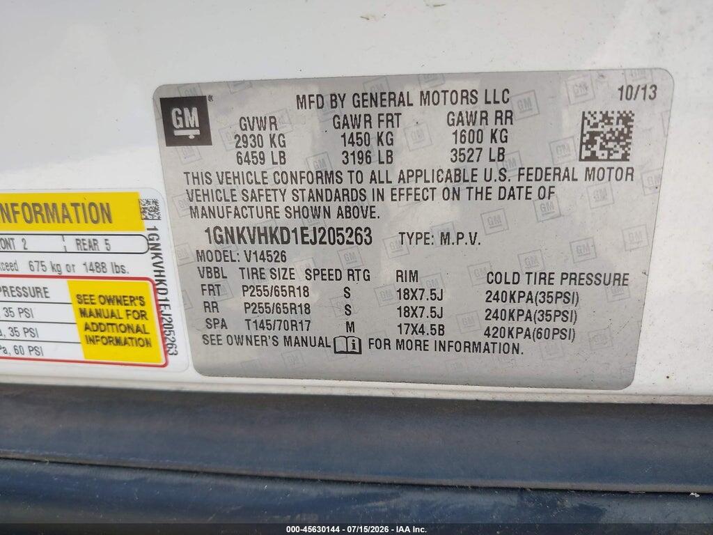 1GNKVHKD1EJ205263 2014 CHEVROLET TRAVERSE photo no. 9