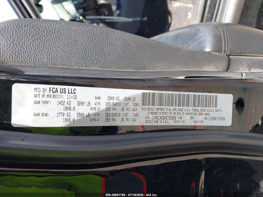 1C4RDJAG9HC725958 2017 DODGE DURANGO photo no. 9