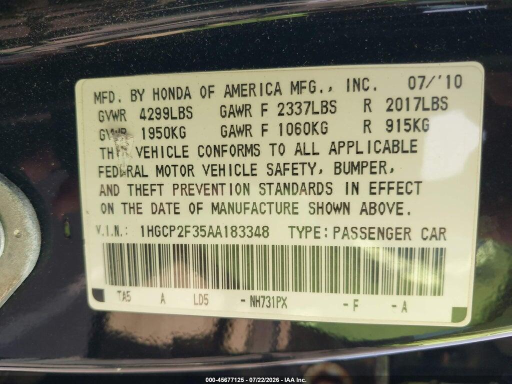 1HGCP2F35AA183348 2010 HONDA ACCORD photo no. 9