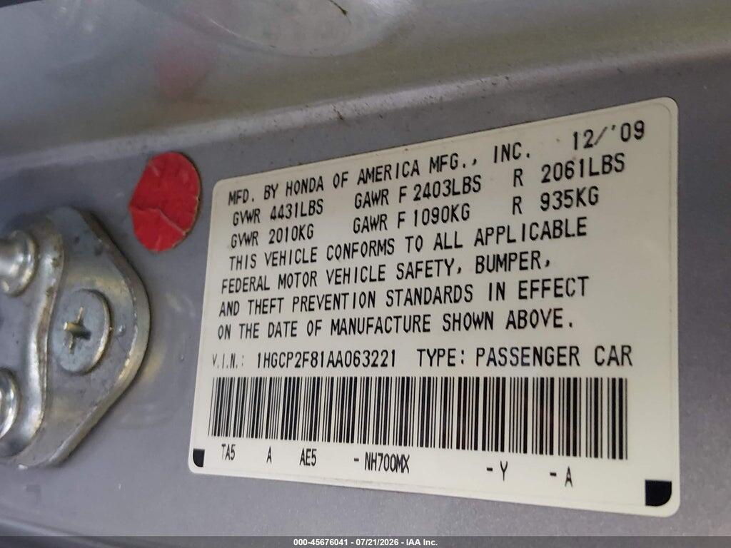 1HGCP2F81AA063221 2010 HONDA ACCORD photo no. 9
