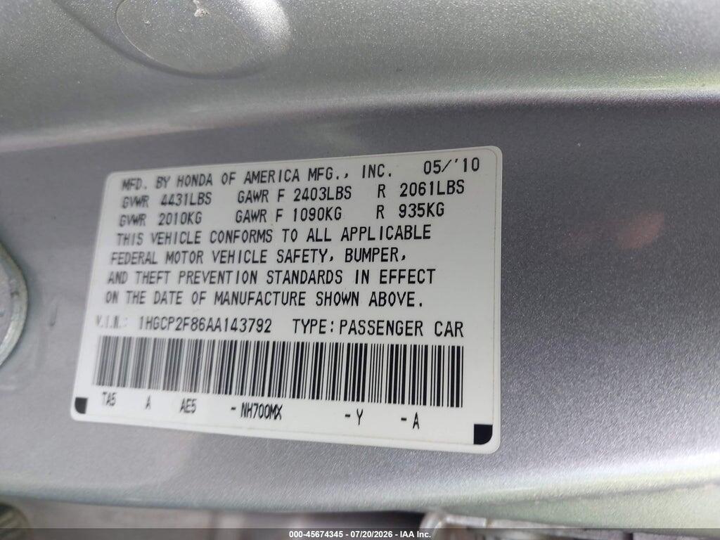 1HGCP2F86AA143792 2010 HONDA ACCORD photo no. 9