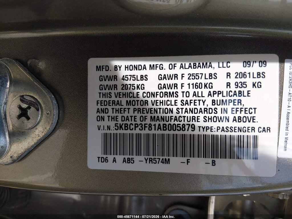 5KBCP3F81AB005879 2010 HONDA ACCORD photo no. 9