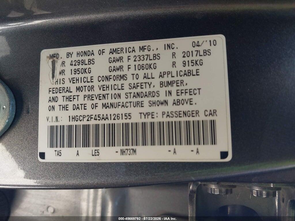1HGCP2F45AA126155 2010 HONDA ACCORD photo no. 9