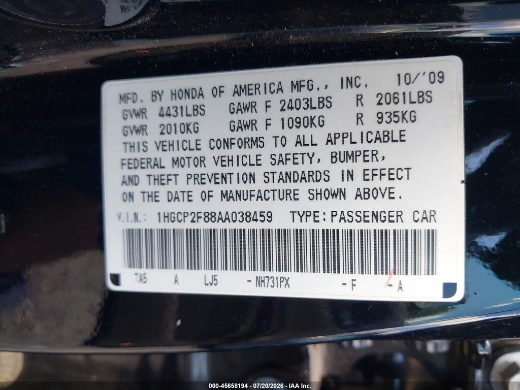 1HGCP2F88AA038459 2010 HONDA ACCORD photo no. 9