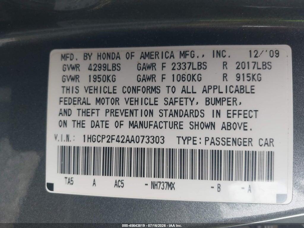 1HGCP2F42AA073303 2010 HONDA ACCORD photo no. 9