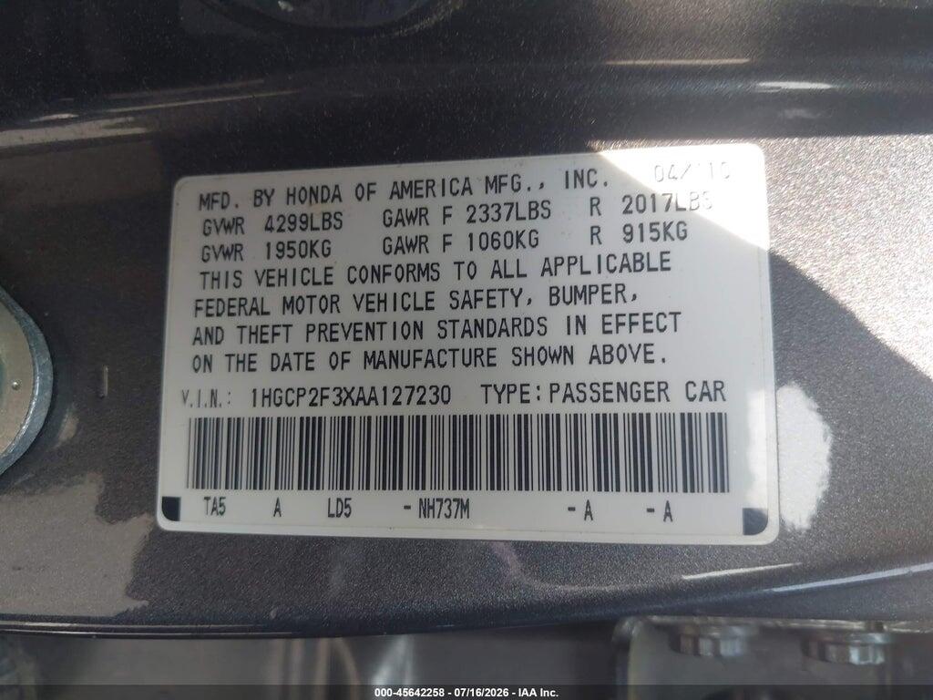 1HGCP2F3XAA127230 2010 HONDA ACCORD photo no. 9