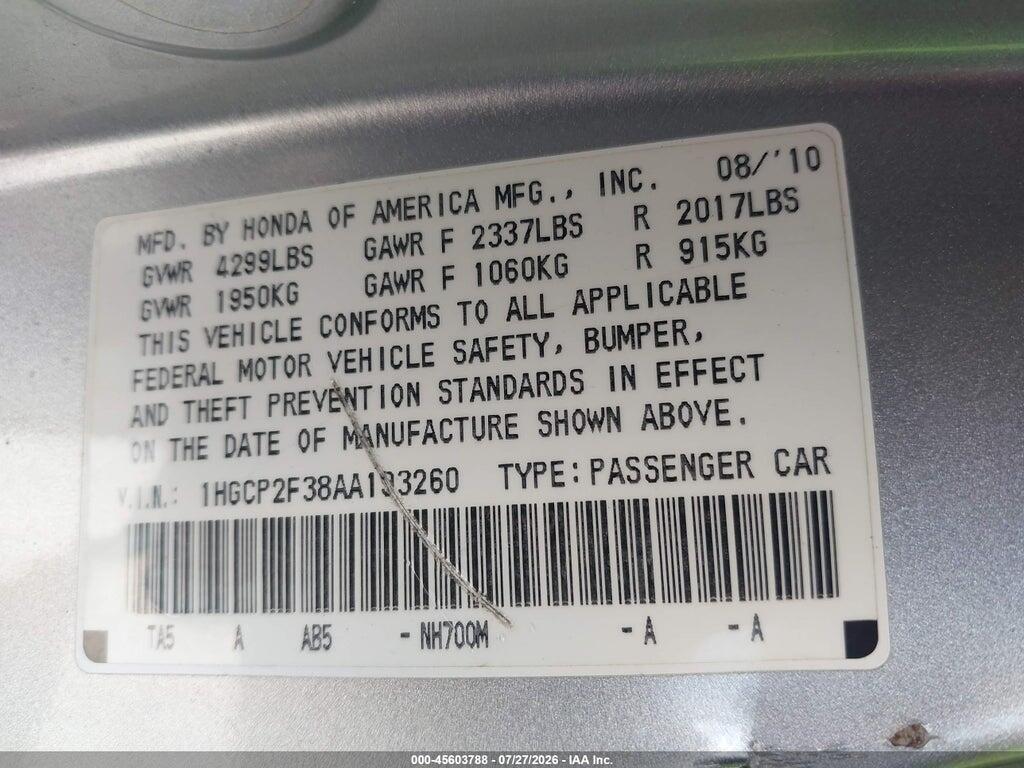 1HGCP2F38AA193260 2010 HONDA ACCORD photo no. 9