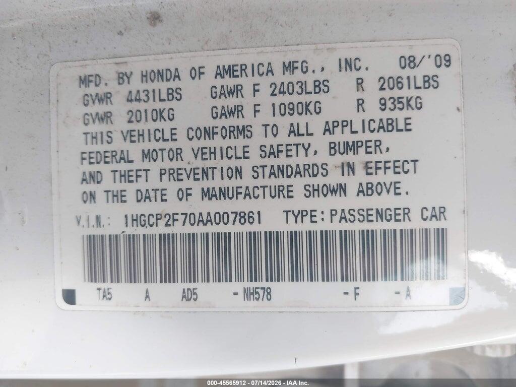 1HGCP2F70AA007861 2010 HONDA ACCORD photo no. 9