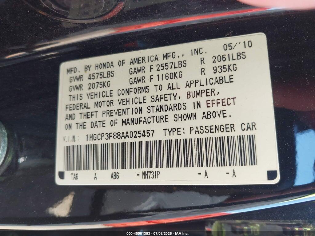 1HGCP3F88AA025457 2010 HONDA ACCORD photo no. 9