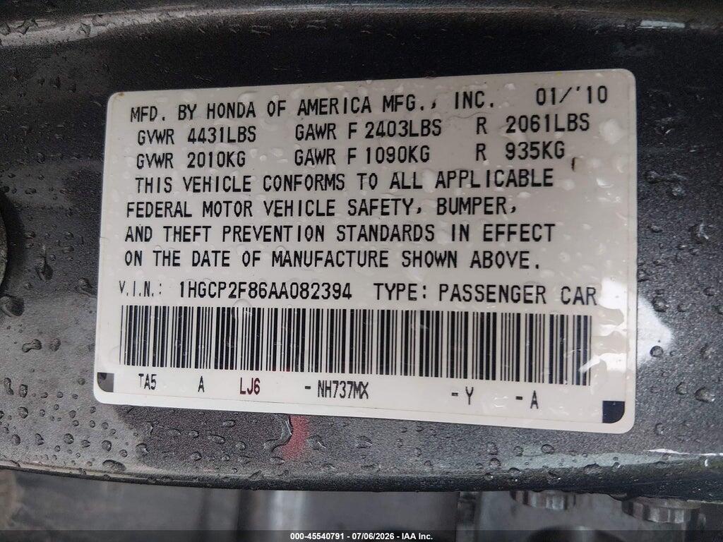 1HGCP2F86AA082394 2010 HONDA ACCORD photo no. 9