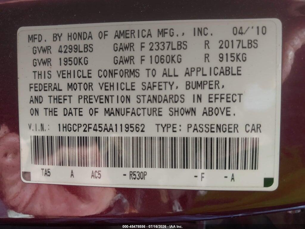 1HGCP2F45AA119562 2010 HONDA ACCORD photo no. 9