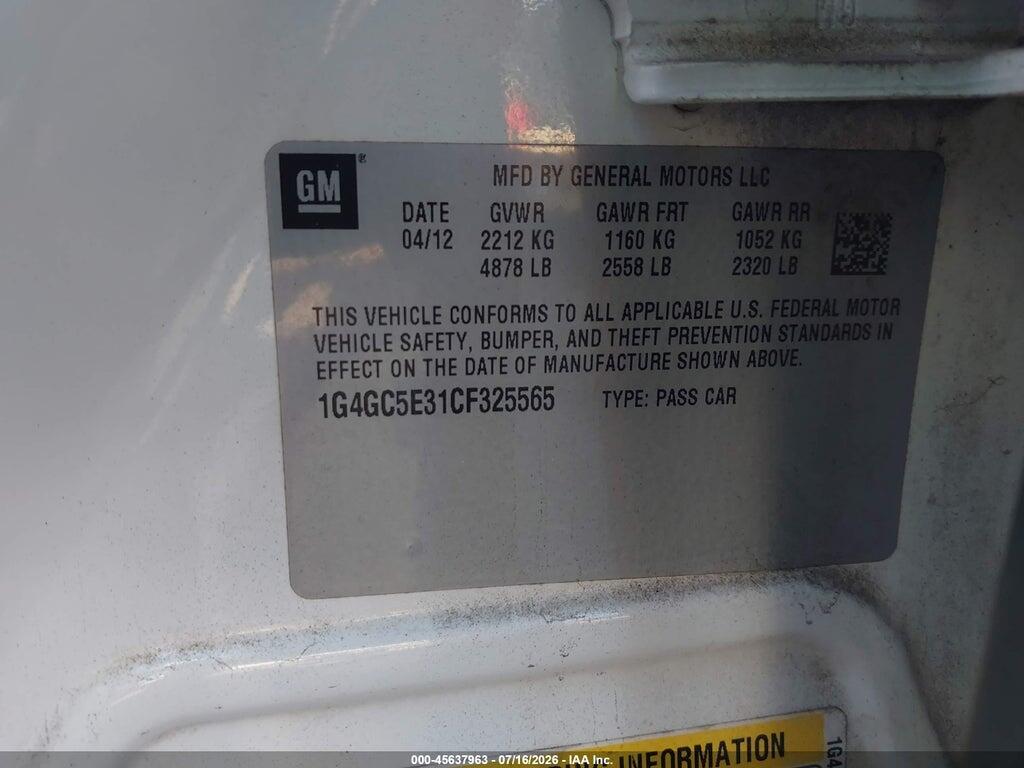 1G4GC5E31CF325565 2012 BUICK LACROSSE photo no. 9