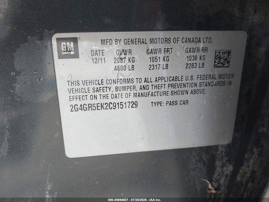 2G4GR5EK2C9151729 2012 BUICK REGAL photo no. 9