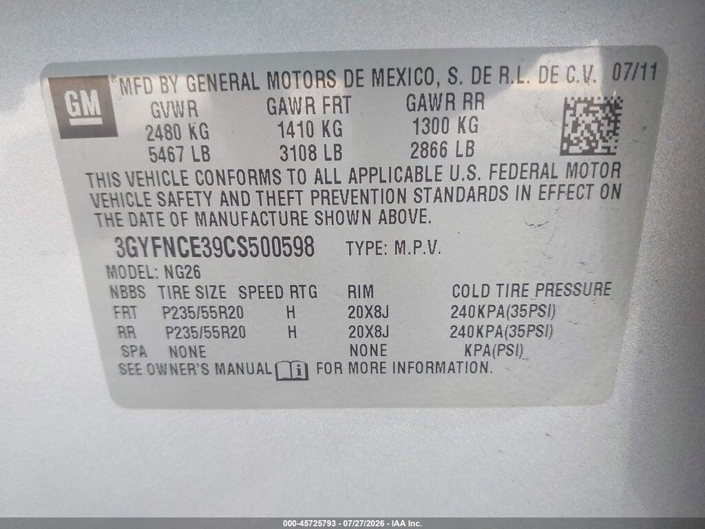 3GYFNCE39CS500598 2012 CADILLAC SRX photo no. 9