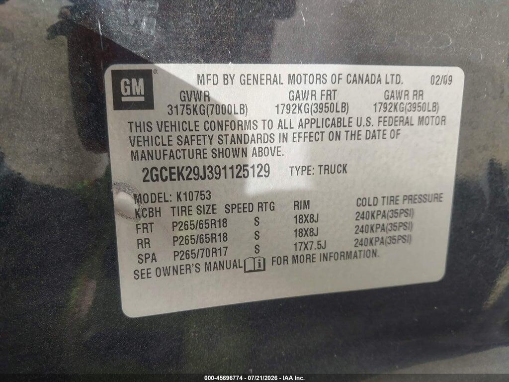2GCEK29J391125129 2009 CHEVROLET SILVERADO 1500 photo no. 9