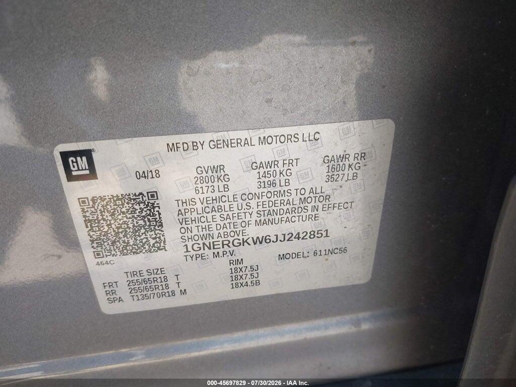 1GNERGKW6JJ242851 2018 CHEVROLET TRAVERSE photo no. 9