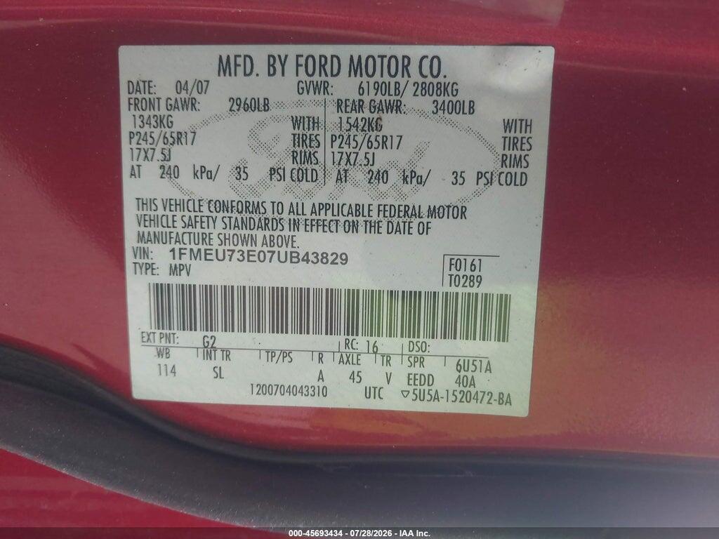 1FMEU73E07UB43829 2007 FORD EXPLORER photo no. 9