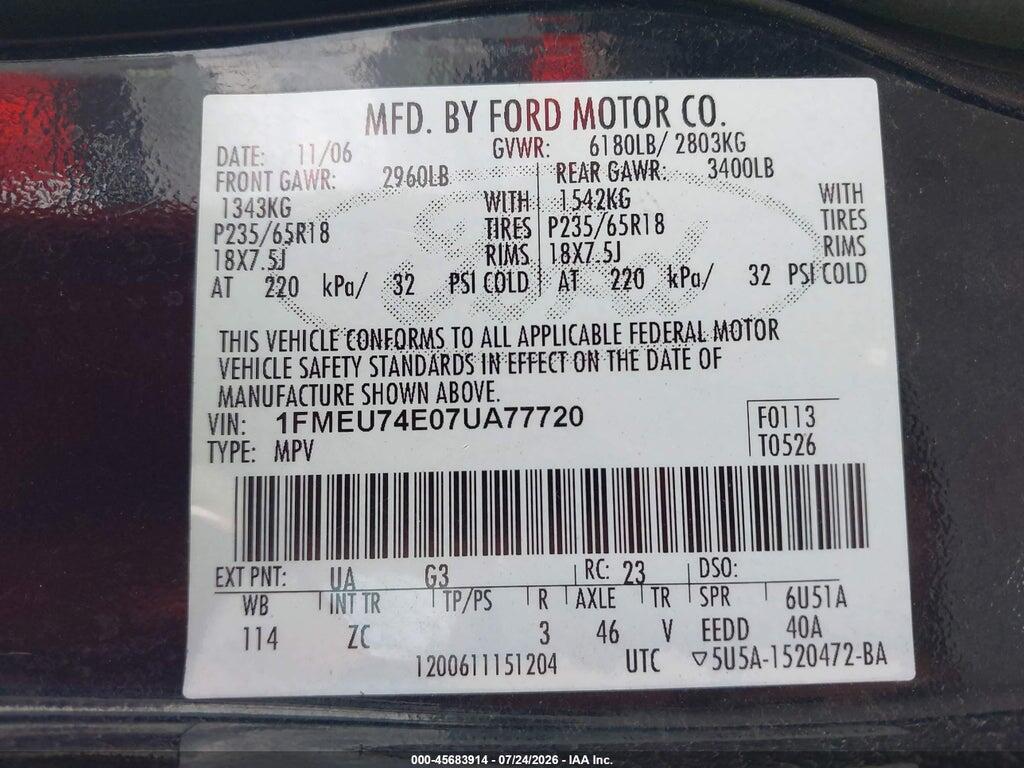 1FMEU74E07UA77720 2007 FORD EXPLORER photo no. 9