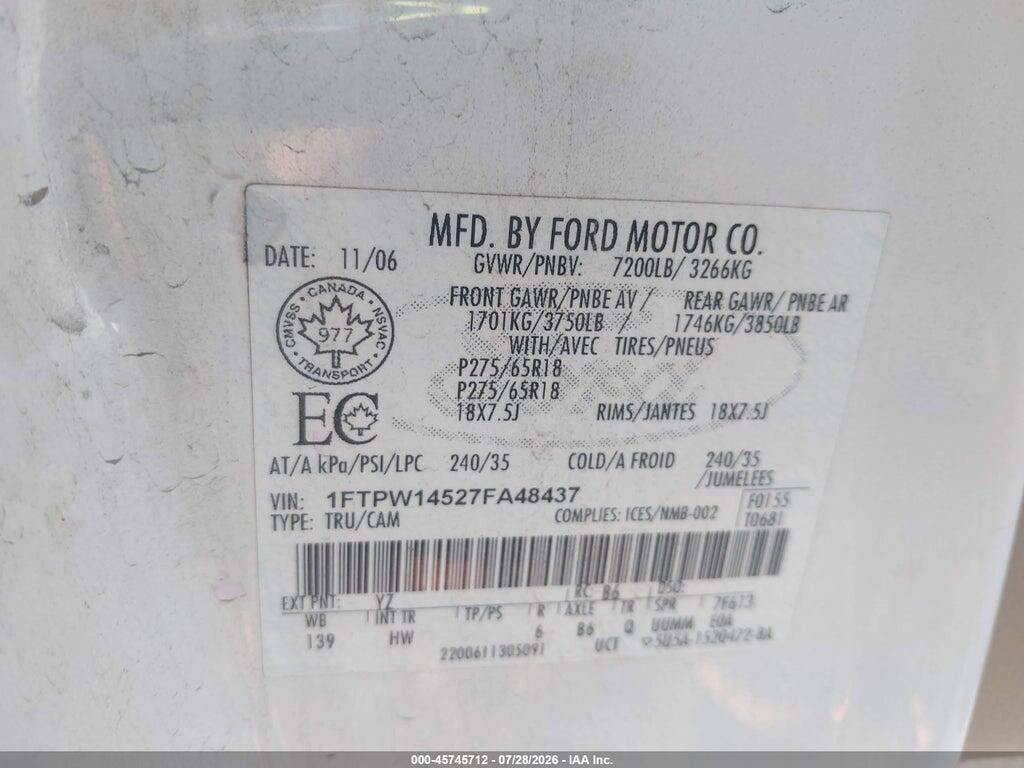 1FTPW14527FA48437 2007 FORD F-150 photo no. 9