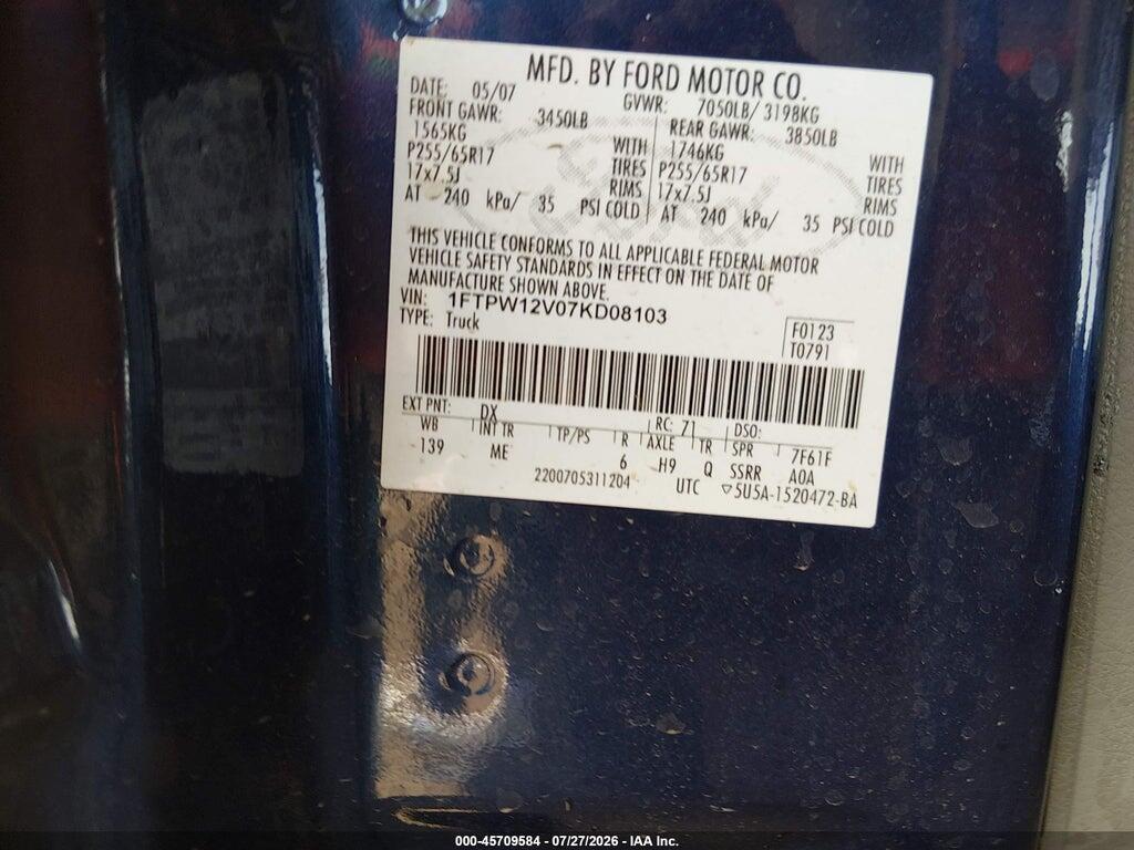 1FTPW12V07KD08103 2007 FORD F-150 photo no. 9