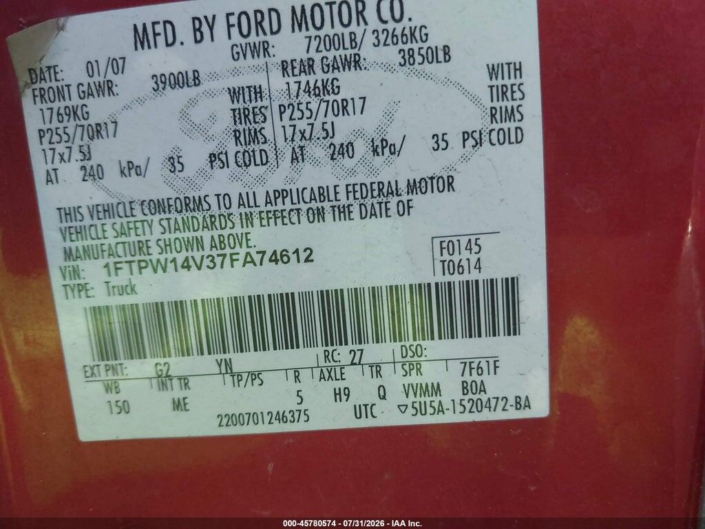 1FTPW14V37FA74612 2007 FORD F-150 photo no. 9