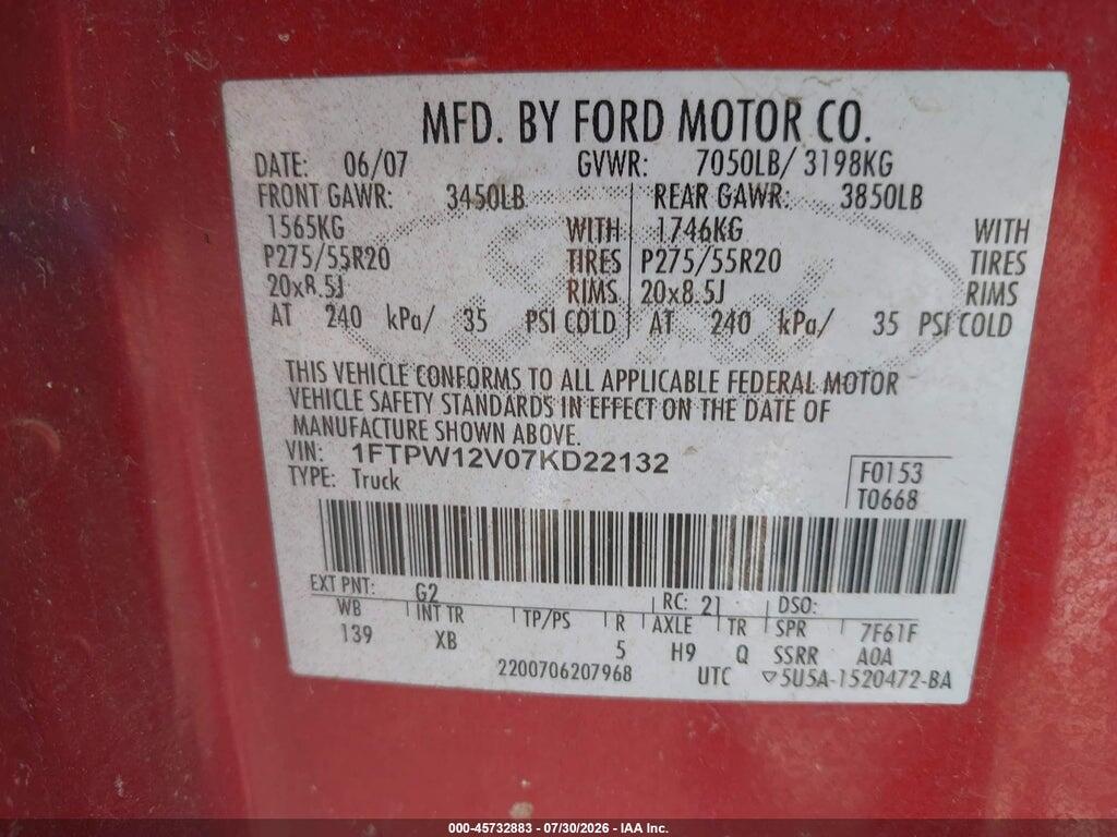 1FTPW12V07KD22132 2007 FORD F-150 photo no. 9